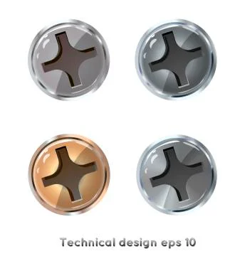 Screw heads - vector drawing isolated on white background. Silver, gold, stee 스톡 일러스트