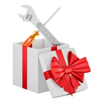 Screwdriver and wrench inside gift box, 3D rendering Ilustración de archivo