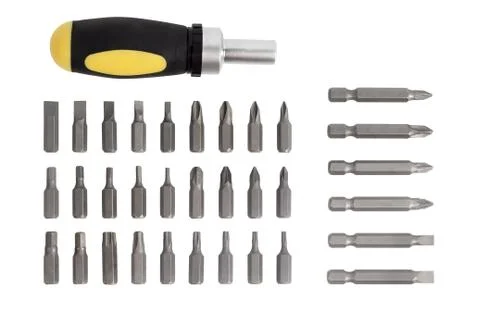 Screwdriver with attachments on a white background Stock Photos