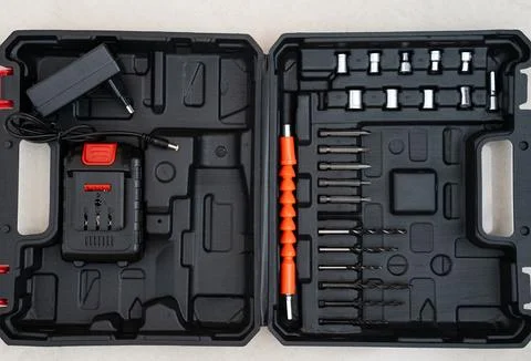 Screwdriver bit set in plastic case top view Stock Photos