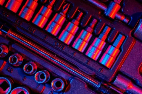 Screwdriver bits in the repair tool kit. Mixed lighting Foto stock