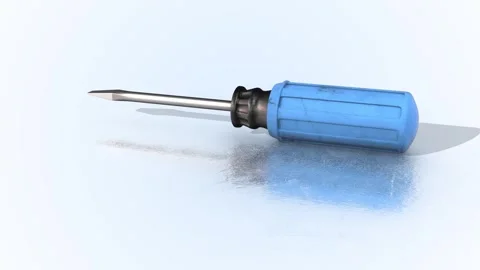Screwdriver with Blue Handle on a Reflective Floor. Electrical Tools 3D. 4K Stock Footage 290929455