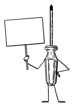 Screwdriver Cartoon Character Holding Empty Sign in Hand. Vector Illustration Illustrazione stock