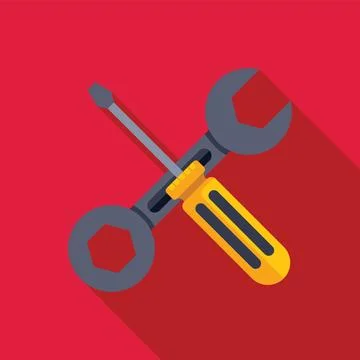 Screwdriver crossing wrench on red background with long shadow Stock Illustration