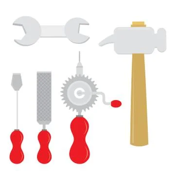Screwdriver File Spanner Hammer Drill Cartoon Vector Stock Illustration