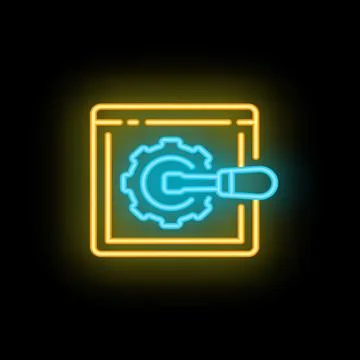 Screwdriver fixing gear in webpage neon sign representing website maintenance Stock-Illustration