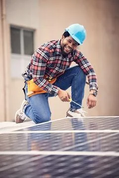 Screwdriver, happy man portrait and solar panel installation of photovoltaic Stock Photos