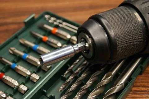 Screwdriver head on bit set. New builder's tools Stock Photos