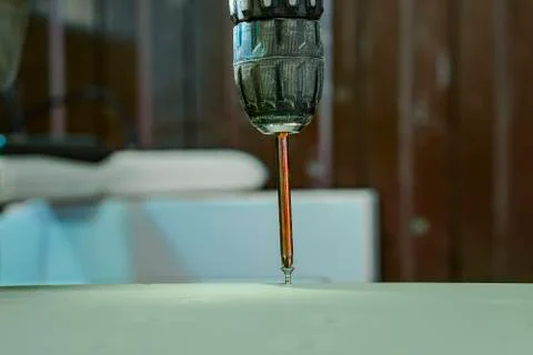 A screwdriver inserted into the screw head. 스톡 사진
