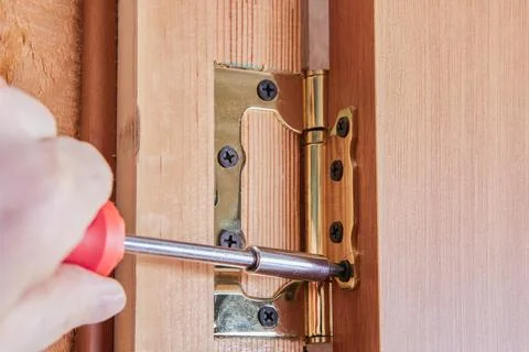 Screwdriver inserts screw into hinge leaf secured on door frame, demonstrat.. Stock Photos