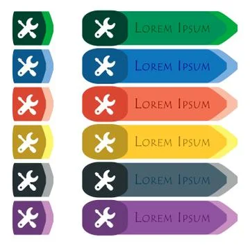 Screwdriver, key, settings icon sign. Set of colorful, bright long buttons wi Illustrazione stock