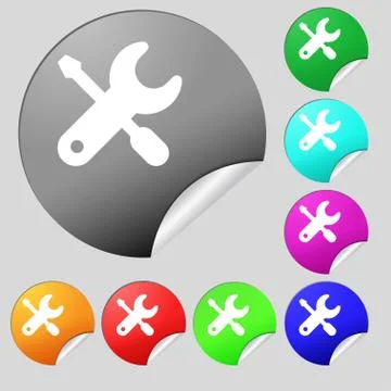 Screwdriver, key, settings icon sign. Set of eight multi colored round button Illustrazione stock