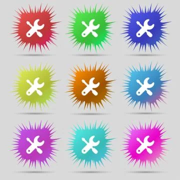 Screwdriver, key, settings icon sign. A set of nine original needle buttons.  Illustrazione stock