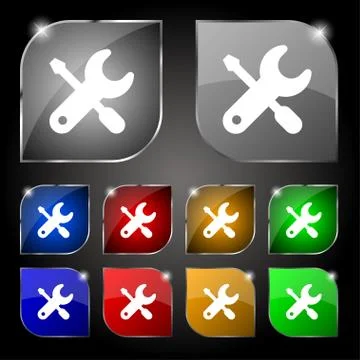 Screwdriver, key, settings icon sign. Set of ten colorful buttons with glare. Illustrazione stock