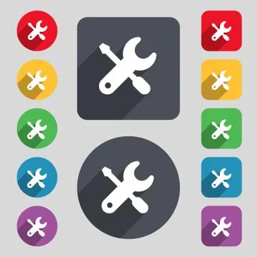 Screwdriver, key, settings icon sign. A set of 12 colored buttons and a long  Illustrazione stock