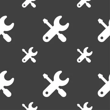 Screwdriver, key, settings icon sign. Seamless pattern on a gray background.  Illustrazione stock