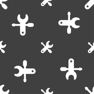 Screwdriver, key, settings icon sign. Seamless pattern on a gray background.  Illustrazione stock