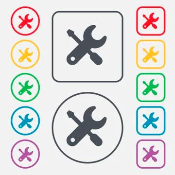 Screwdriver, key, settings icon sign. symbol on the Round and square buttons wit Illustrazione stock