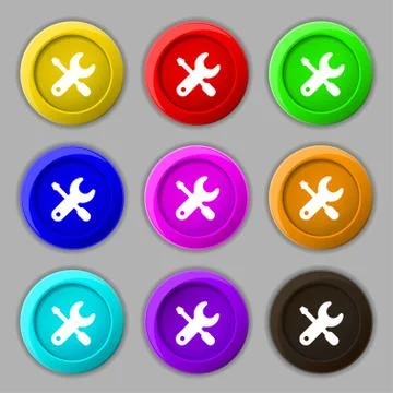 Screwdriver, key, settings icon sign. symbol on nine round colourful buttons. 스톡 일러스트