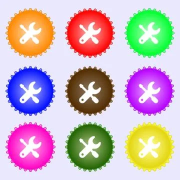 Screwdriver, key, settings icon sign. A set of nine different colored labels. Illustrazione stock