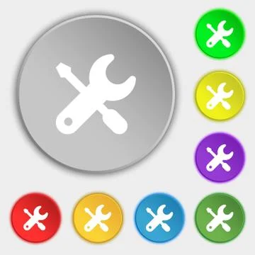 Screwdriver, key, settings icon sign. Symbol on five flat buttons. Illustrazione stock