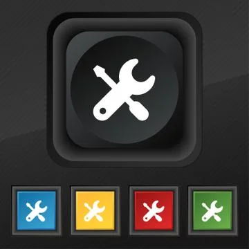 Screwdriver, key, settings icon symbol. Set of five colorful, stylish buttons Stock Illustration