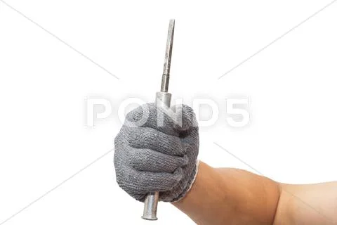 Screwdriver in the man's hands on a white background Stock Photos