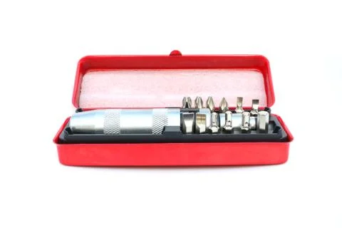 Screwdriver in red box on isolated white Stock Photos