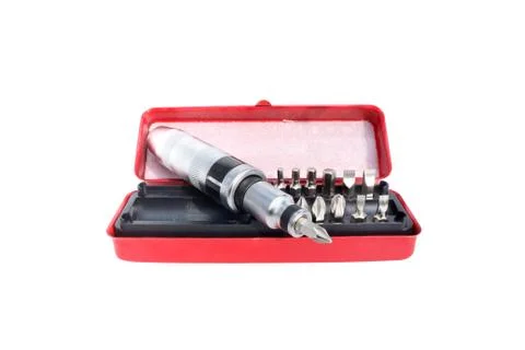 Screwdriver in red box on isolated white Stock Photos