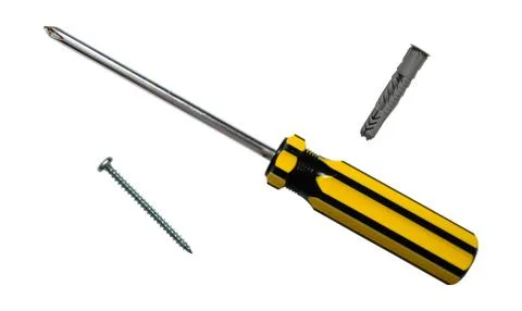 Screwdriver, screw and wall plug 스톡 사진
