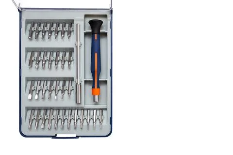 Screwdriver with a set of bits on a white background. There is a place for Stock Photos