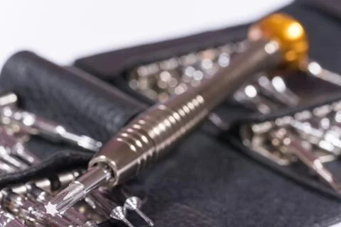 Screwdriver set in the black leather package Foto stock