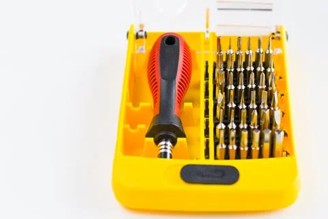 Screwdriver set in the box, different screwdrivers, workshop instrument Stock Photos