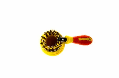 Screwdriver set with the different bits isolated on white Stock Photos