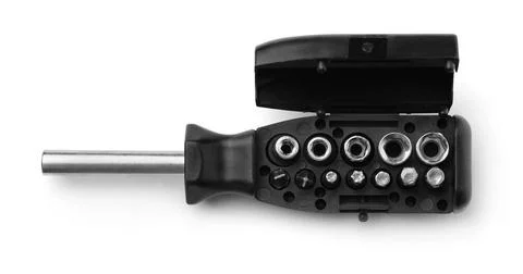 Screwdriver set with Interchangeable bits Top view of screwdriver set with... Foto stock