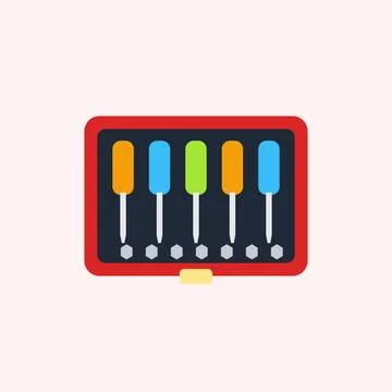 Screwdriver set in red toolbox case flat design icon with colorful handles and Stock Illustration