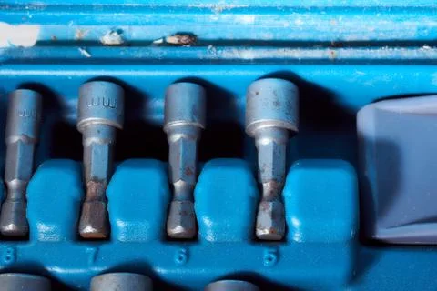 Screwdriver set tips in a plastic case. Top view. Stock Photos