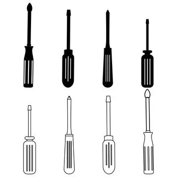 Screwdriver tools icon set featuring dual style line art and solid black gl.. Stock Illustration