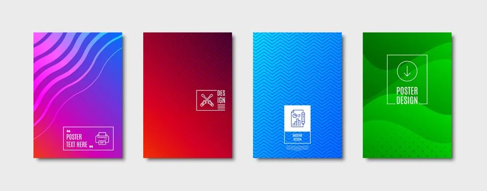 Screwdriverl, Printer and Scroll down icons set. Report document sign. Vector Illustrazione stock