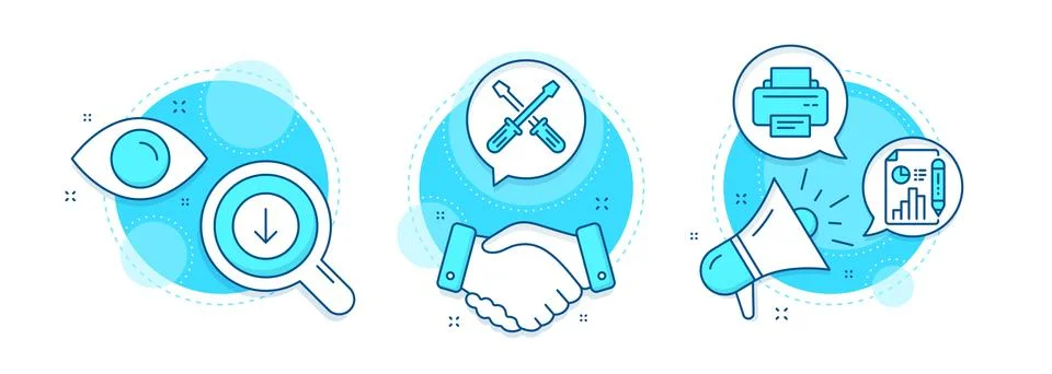 Screwdriverl, Printer and Scroll down icons set. Report document sign. Vector Illustrazione stock