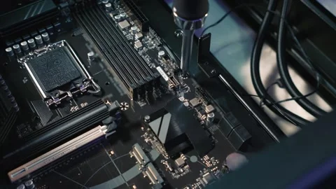 Screwing bolt into computer motherboard during assembly Stock Footage 328985457
