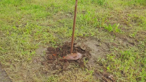 Screwing a steel pile into the ground Stock Footage 141786853