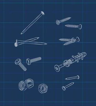 Screws, bolt, nut, wall plug and rivets set blue Stock Illustration