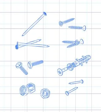 Screws, bolt, nut, wall plug and rivets set light Stock Illustration