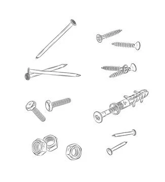 Screws, bolt, nut, wall plug and rivets set white Stock Illustration