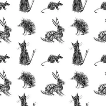 Scribble Animals Hand Drawn Seamless Pattern, Sketch Cat Rabbit Hedgehog Mouse Stock Illustration
