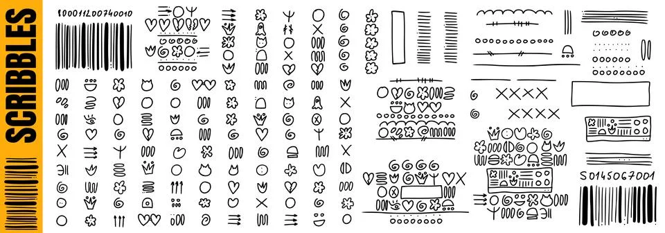 Scribble annotation doodle with outline handwriting symbols and rectangle. Illustrazione stock