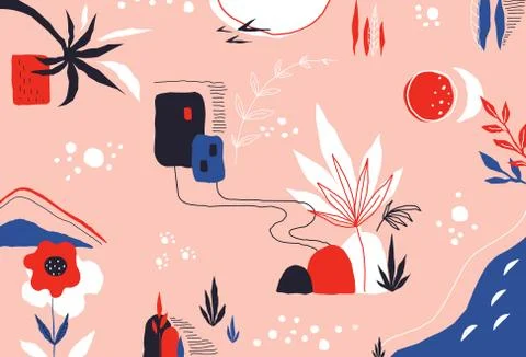 Scribble background. Modern colored pattern with exotic leaves and abstract Stock Illustration