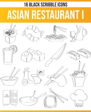 Scribble Black Icon Set Asian Restaurant Stock Illustration