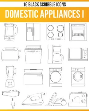 Scribble Black Icon Set Domestic Appliances 스톡 일러스트